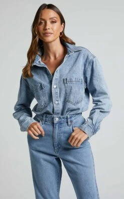 Showpo Faharra Shirt - Recycled Cotton Denim Shirt In Mid Blue Acid Wash 12 Showpo Faharra Shirt - Recycled Cotton Denim Shirt In Mid Blue Acid Wash -Showpo Women's Clothing Store Faharra Shirt Recycled Cotton Denim Shirt in Mid Blue Acid Wash 3
