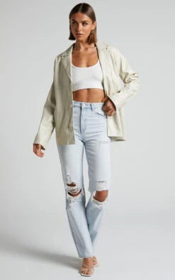 Showpo Ferrah Blazer - Faux Leather Oversized Blazer In Ecru -Showpo Women's Clothing Store Ferrah Blazer Faux Leather Oversized Blazer in Ecru