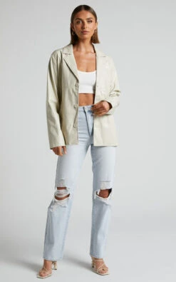 Showpo Ferrah Blazer - Faux Leather Oversized Blazer In Ecru