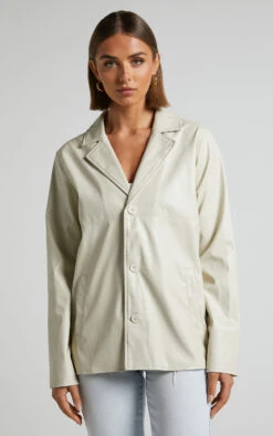 Showpo Ferrah Blazer - Faux Leather Oversized Blazer In Ecru -Showpo Women's Clothing Store Ferrah Blazer Faux Leather Oversized Blazer in Ecru 2