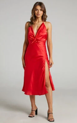 Showpo Florentina Twist Front Open Tie Back Midi Dress In Red