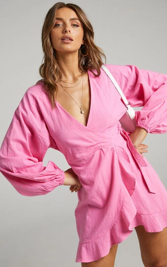 Showpo Francoise Long Sleeve Wrap Mini Dress In Pink 1 Showpo Francoise Long Sleeve Wrap Mini Dress In Pink
