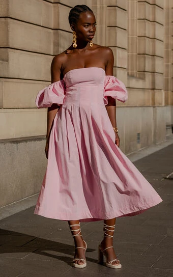 Showpo Geloe Structured Off Shoulder Puff Midi Dress In Pink 1 Showpo Geloe Structured Off Shoulder Puff Midi Dress In Pink