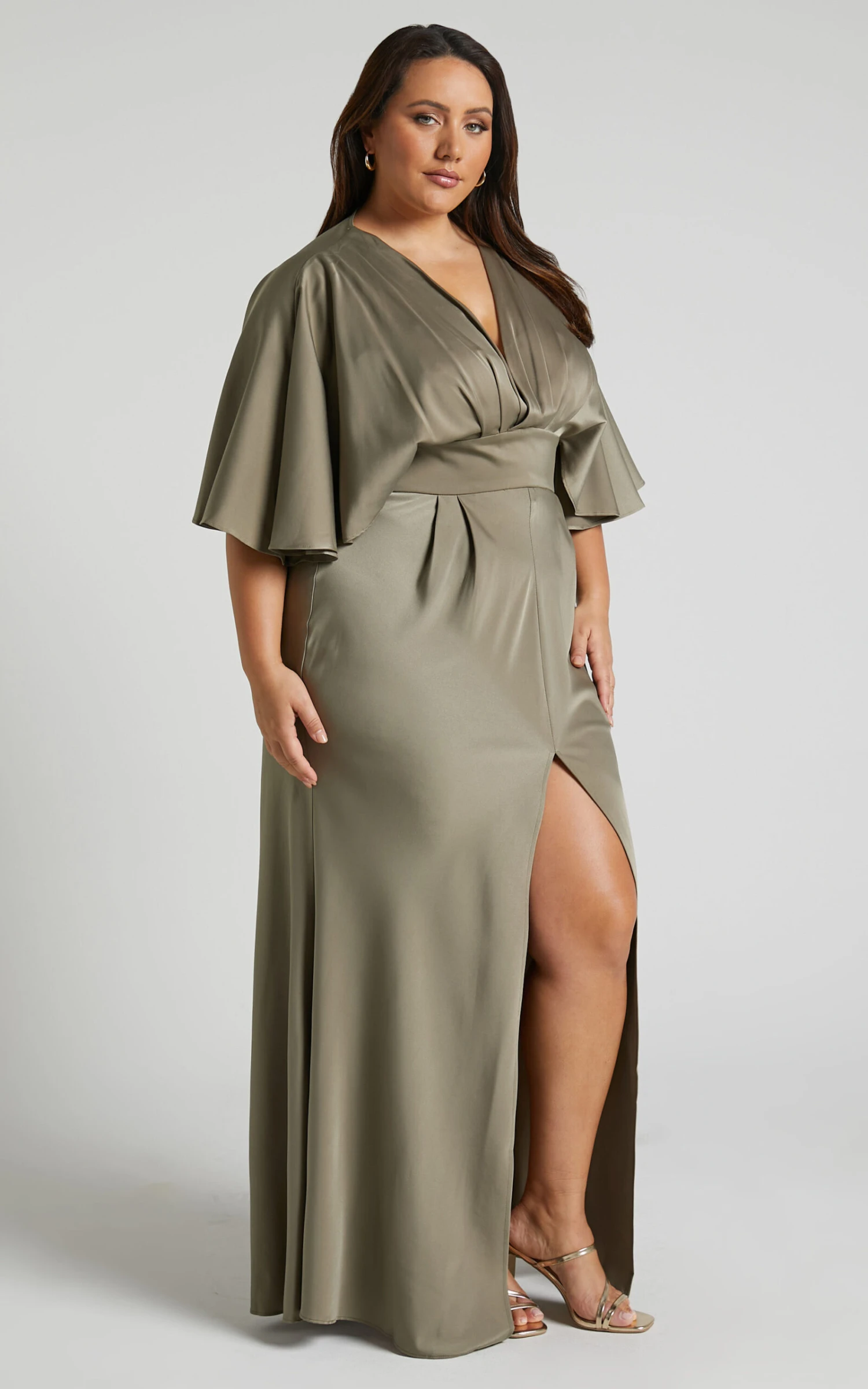 Showpo Gemalyn Maxi Dress - Angel Sleeve V Neck Split Dress In Olive 3 Showpo Gemalyn Maxi Dress - Angel Sleeve V Neck Split Dress In Olive - Image 3