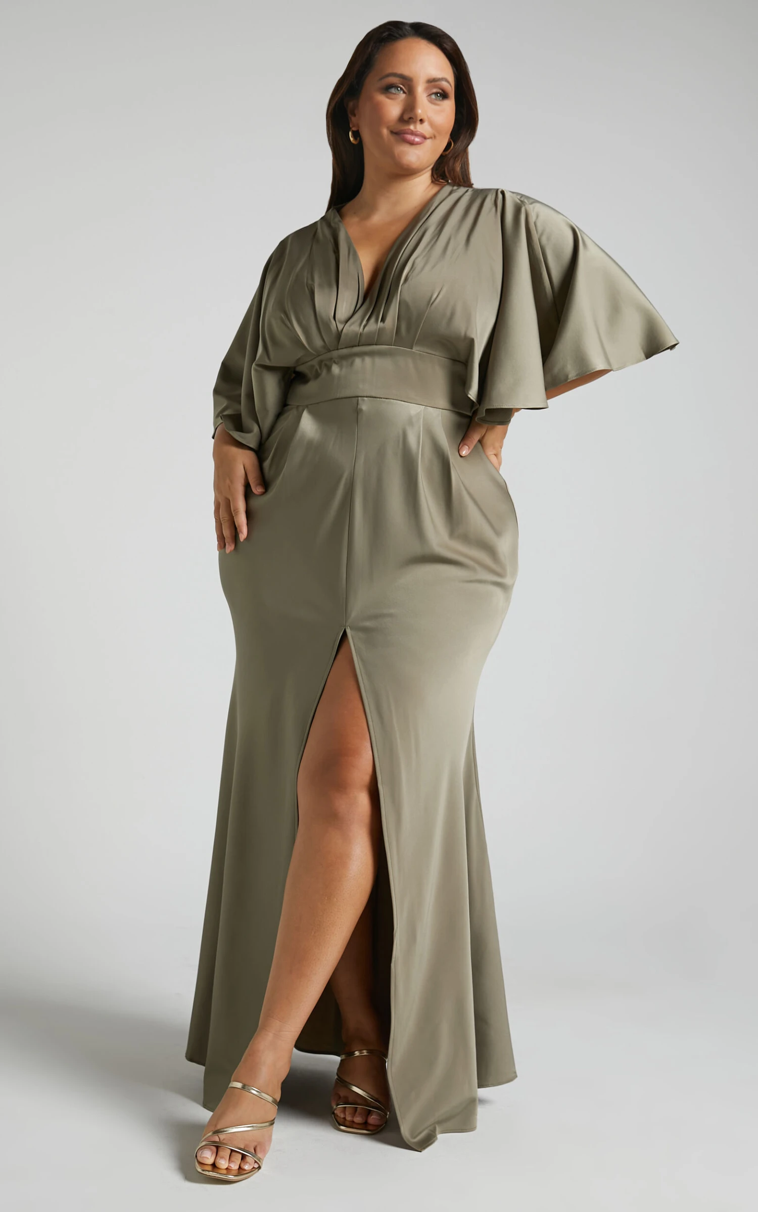 Showpo Gemalyn Maxi Dress - Angel Sleeve V Neck Split Dress In Olive 7 Showpo Gemalyn Maxi Dress - Angel Sleeve V Neck Split Dress In Olive - Image 7