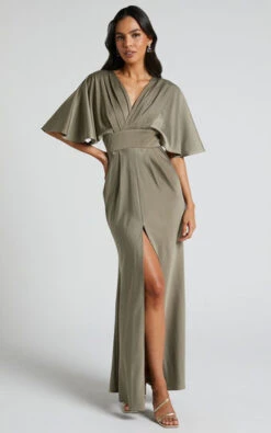 Showpo Gemalyn Maxi Dress - Angel Sleeve V Neck Split Dress In Olive