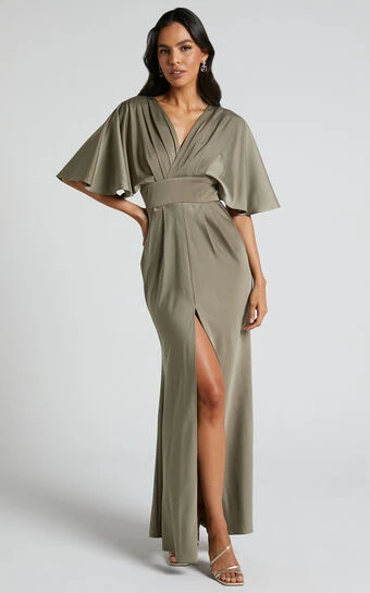 Showpo Gemalyn Maxi Dress - Angel Sleeve V Neck Split Dress In Olive 1 Showpo Gemalyn Maxi Dress - Angel Sleeve V Neck Split Dress In Olive