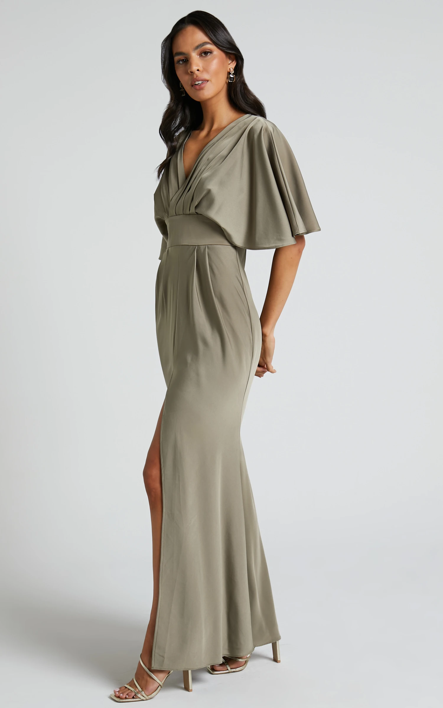 Showpo Gemalyn Maxi Dress - Angel Sleeve V Neck Split Dress In Olive 4 Showpo Gemalyn Maxi Dress - Angel Sleeve V Neck Split Dress In Olive - Image 4