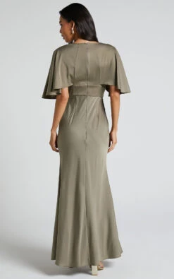 Showpo Gemalyn Maxi Dress - Angel Sleeve V Neck Split Dress In Olive 16 Showpo Gemalyn Maxi Dress - Angel Sleeve V Neck Split Dress In Olive -Showpo Women's Clothing Store Gemalyn Plunge Neck Gown with Front Split in Olive 3