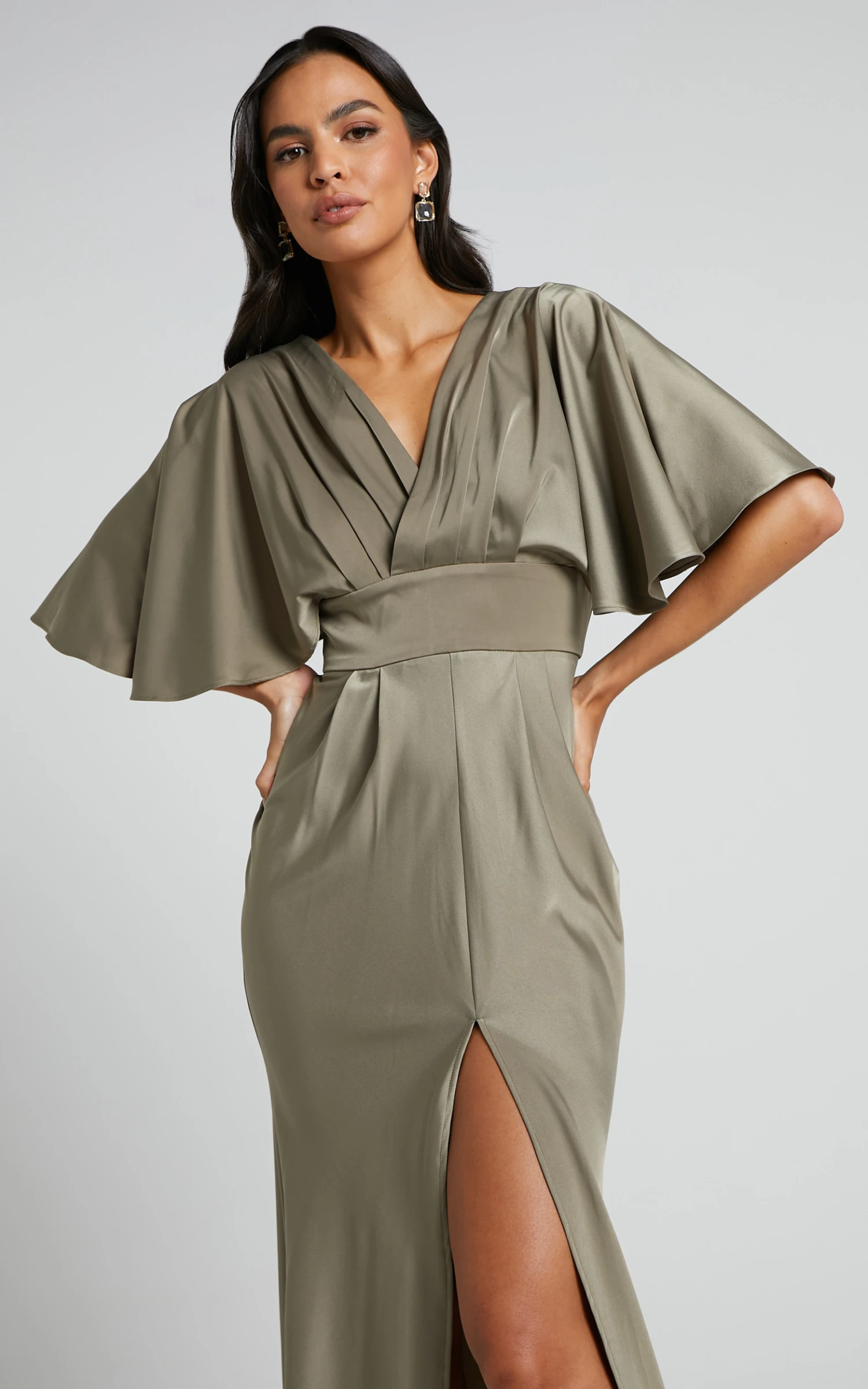 Showpo Gemalyn Maxi Dress - Angel Sleeve V Neck Split Dress In Olive 6 Showpo Gemalyn Maxi Dress - Angel Sleeve V Neck Split Dress In Olive - Image 6