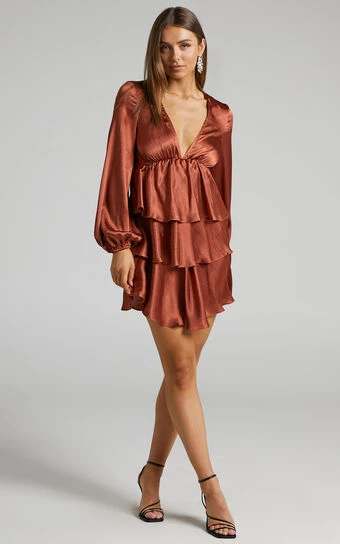 Showpo Glowmee Open Back Long Sleeve Tiered Mini Dress In Rust 1 Showpo Glowmee Open Back Long Sleeve Tiered Mini Dress In Rust
