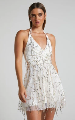 Showpo Greiz Halter Neck Sequin Tulle Mini Dress In Cream 15 Showpo Greiz Halter Neck Sequin Tulle Mini Dress In Cream -Showpo Women's Clothing Store Greiz Halter Neck Sequin Tulle Mini Dress in Cream 2