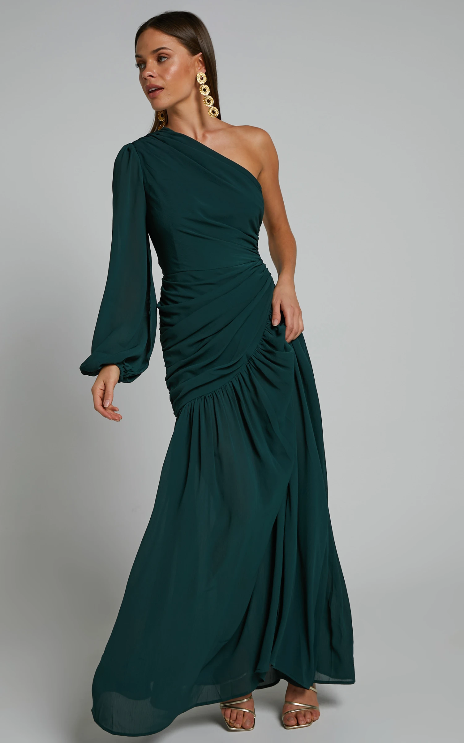 Showpo Grittah One Shoulder Bishop Sleeve High Slit Ruched Maxi Dress In Emerald 2 Showpo Grittah One Shoulder Bishop Sleeve High Slit Ruched Maxi Dress In Emerald - Image 2