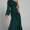 Showpo Grittah One Shoulder Bishop Sleeve High Slit Ruched Maxi Dress In Emerald