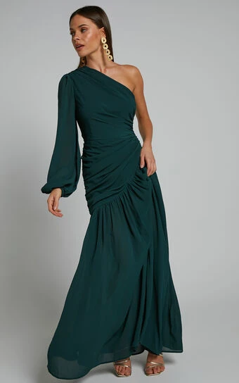 Showpo Grittah One Shoulder Bishop Sleeve High Slit Ruched Maxi Dress In Emerald 1 Showpo Grittah One Shoulder Bishop Sleeve High Slit Ruched Maxi Dress In Emerald