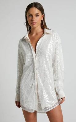 Showpo Gween Satin Detail Sequin Shirt Dress In White 13 Showpo Gween Satin Detail Sequin Shirt Dress In White -Showpo Women's Clothing Store Gween Satin Detail Sequin Shirt Dress in White 2