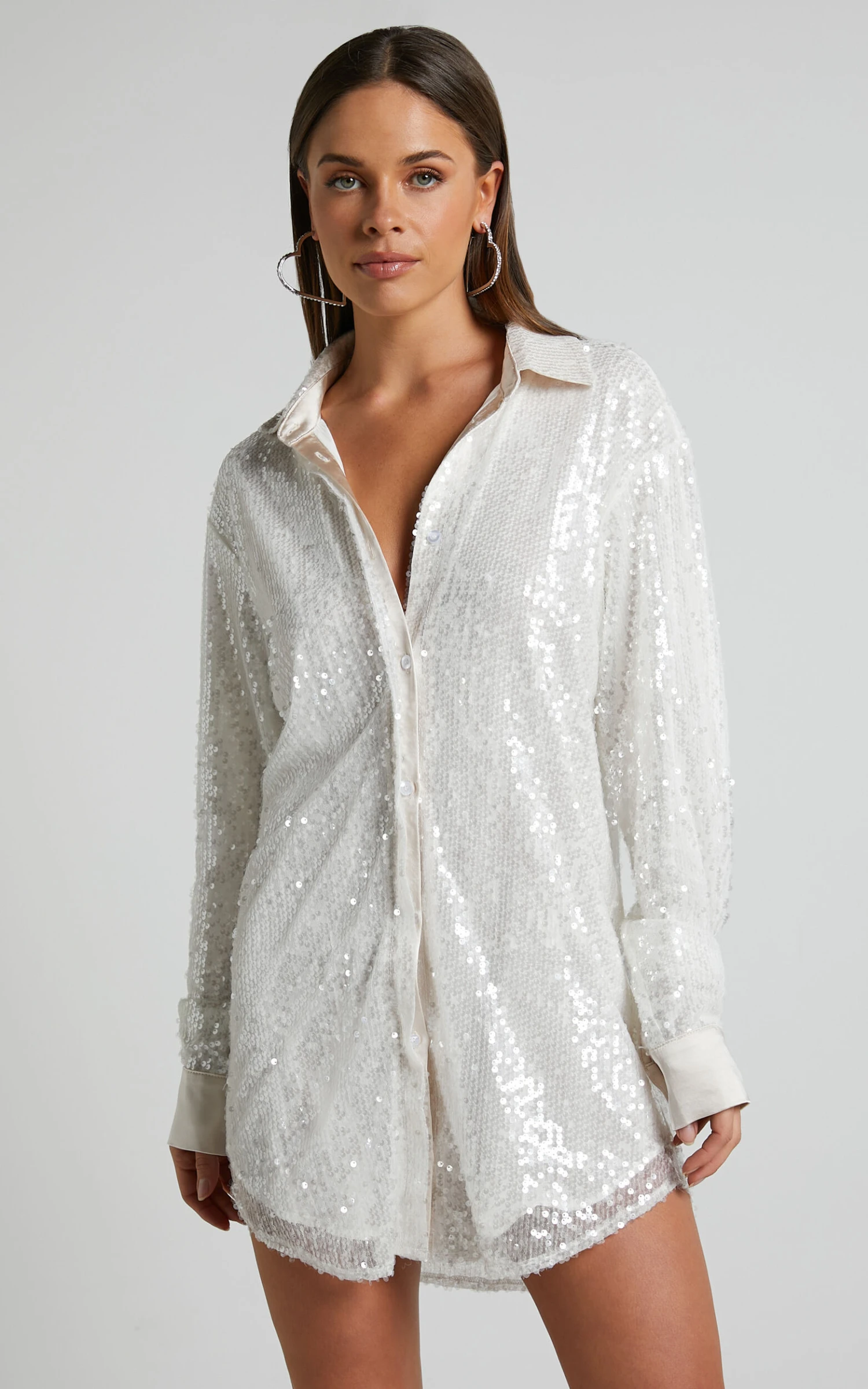 Showpo Gween Satin Detail Sequin Shirt Dress In White 6 Showpo Gween Satin Detail Sequin Shirt Dress In White - Image 6