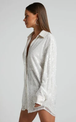 Showpo Gween Satin Detail Sequin Shirt Dress In White 11 Showpo Gween Satin Detail Sequin Shirt Dress In White -Showpo Women's Clothing Store Gween Satin Detail Sequin Shirt Dress in White 4