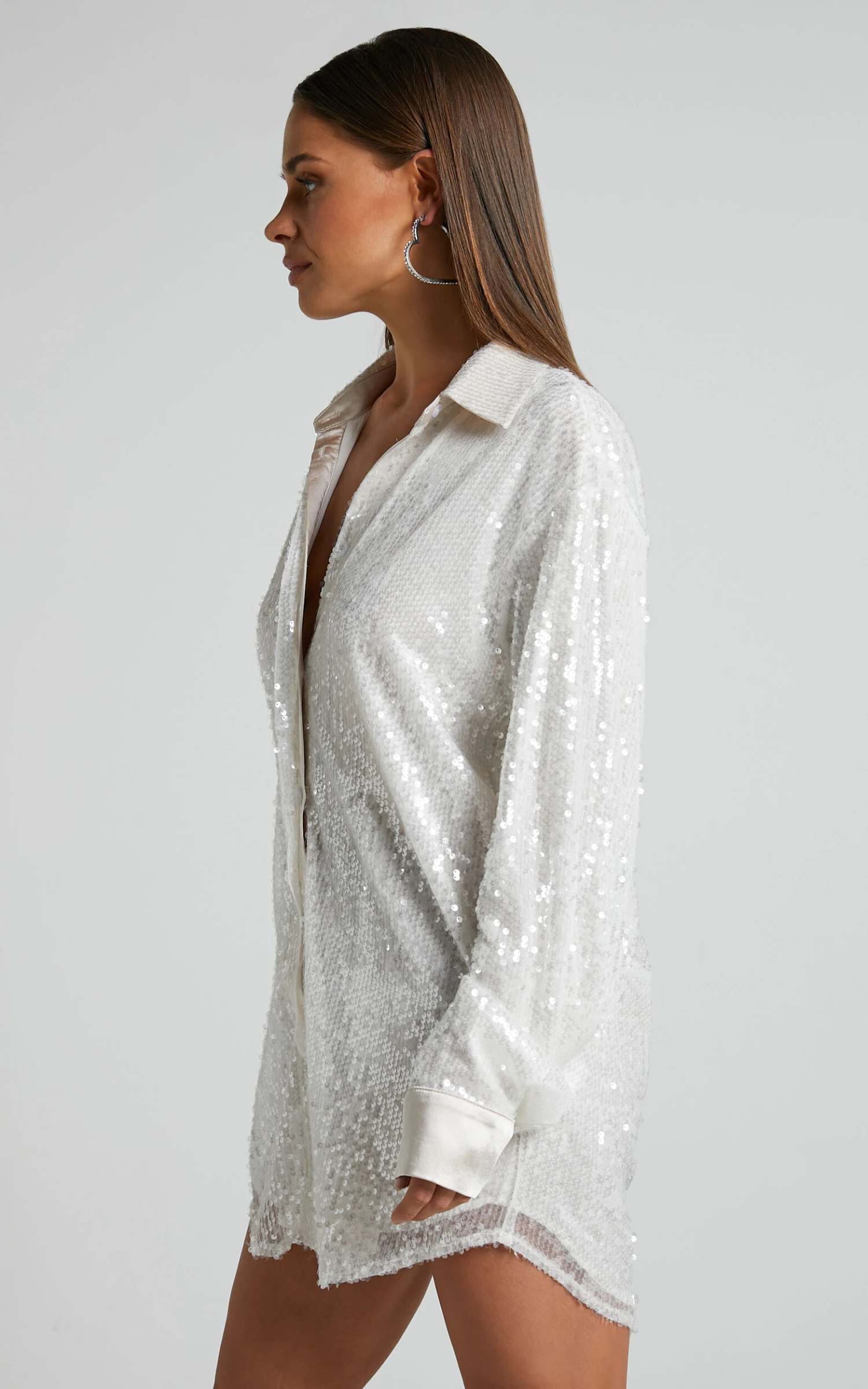 Showpo Gween Satin Detail Sequin Shirt Dress In White 4 Showpo Gween Satin Detail Sequin Shirt Dress In White - Image 4