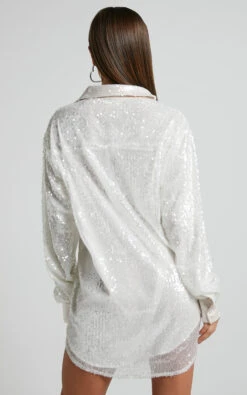Showpo Gween Satin Detail Sequin Shirt Dress In White 14 Showpo Gween Satin Detail Sequin Shirt Dress In White -Showpo Women's Clothing Store Gween Satin Detail Sequin Shirt Dress in White 5