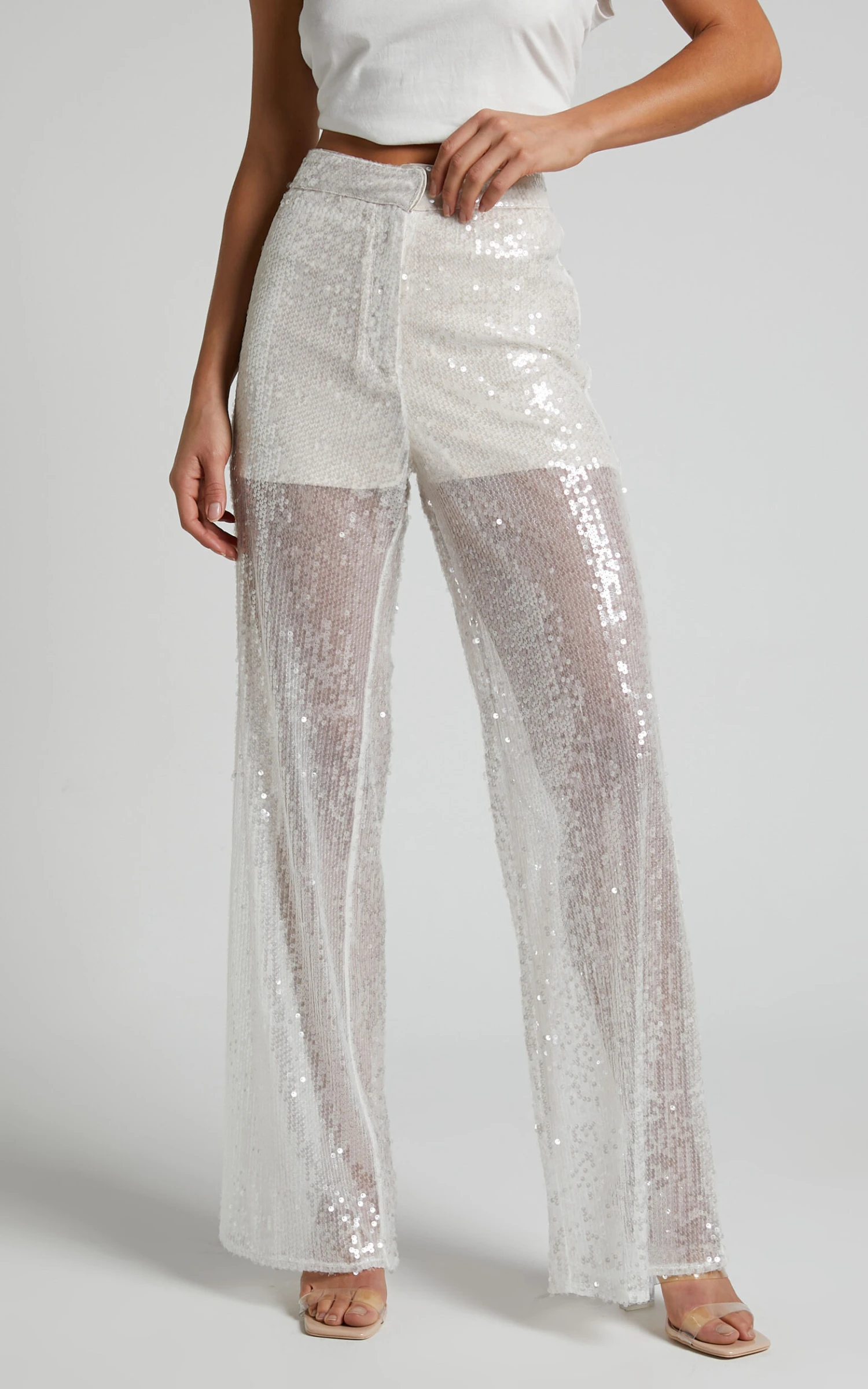 Showpo Gween - High Waisted Sheer Sequin Pant In White 4 Showpo Gween - High Waisted Sheer Sequin Pant In White - Image 4