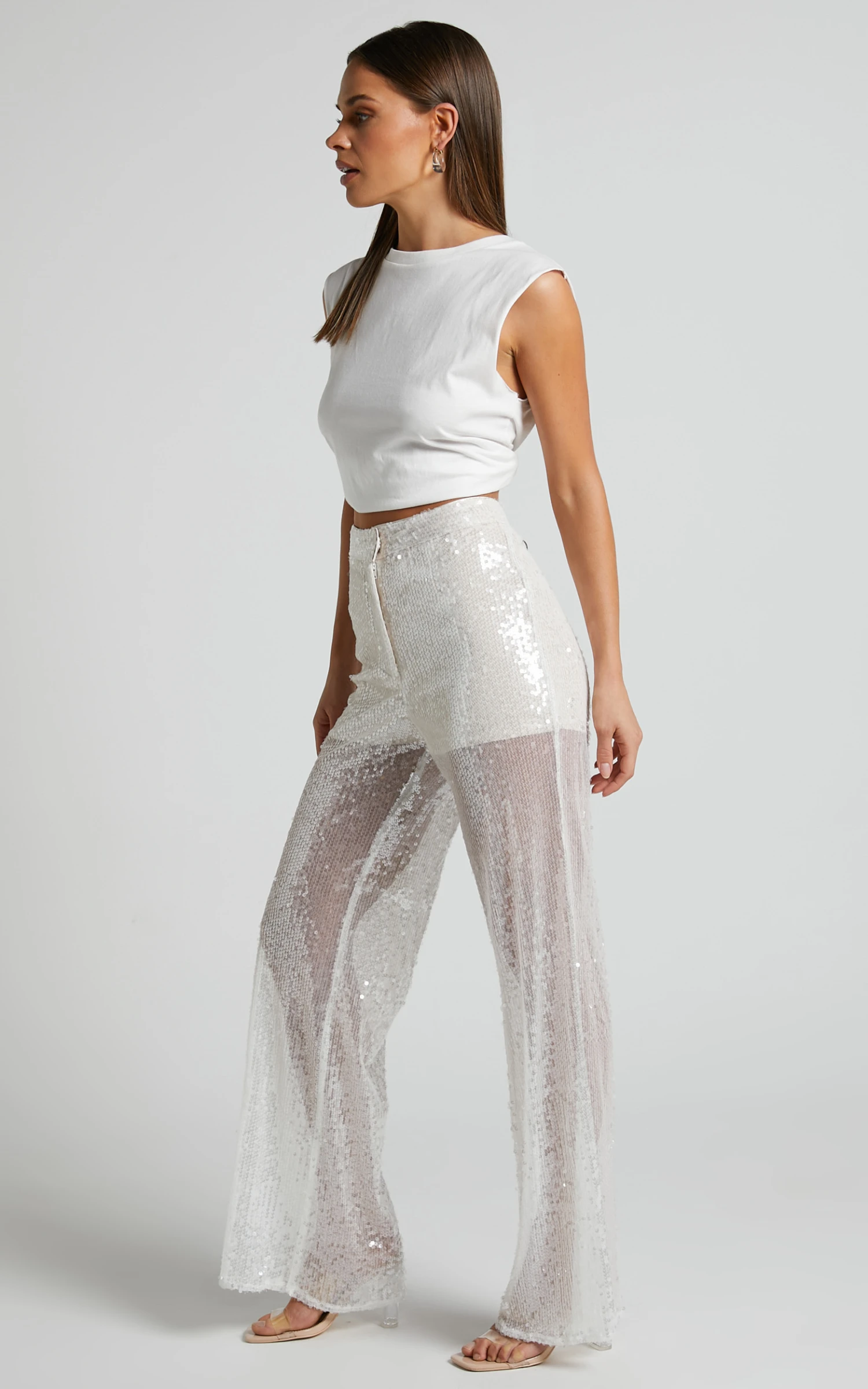 Showpo Gween - High Waisted Sheer Sequin Pant In White 7 Showpo Gween - High Waisted Sheer Sequin Pant In White - Image 7