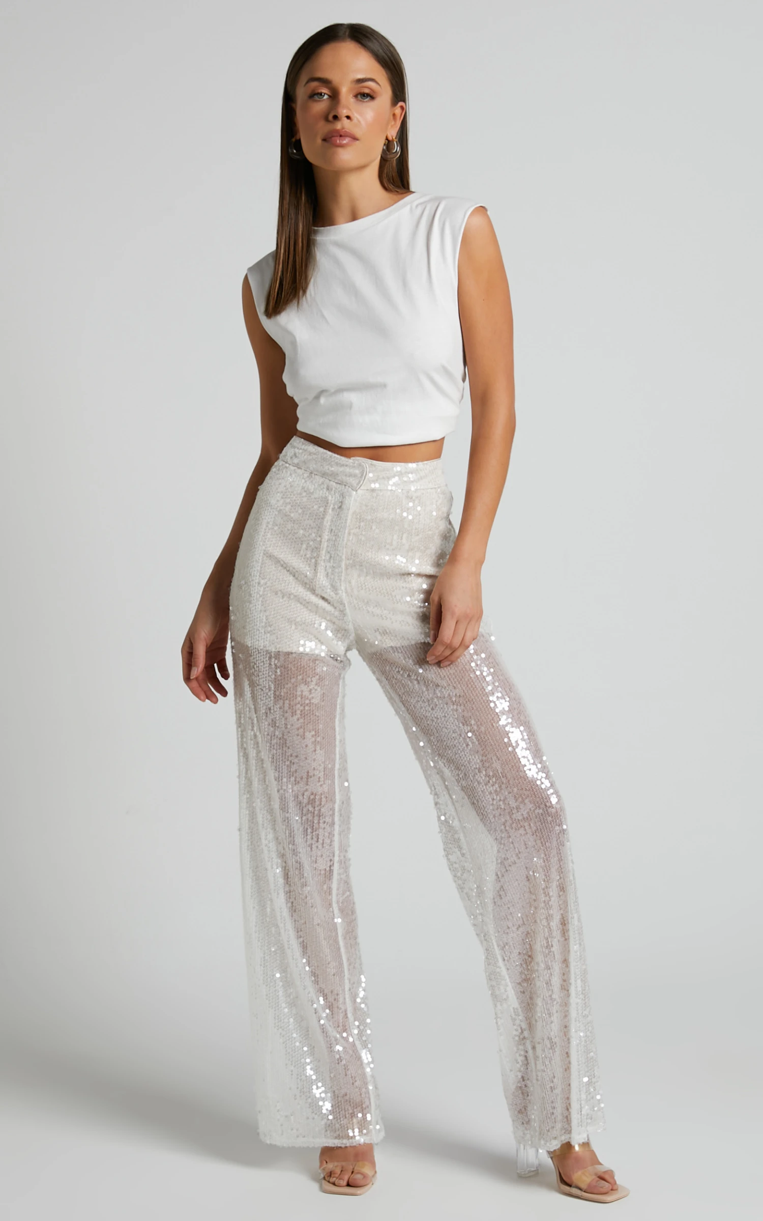 Showpo Gween - High Waisted Sheer Sequin Pant In White 5 Showpo Gween - High Waisted Sheer Sequin Pant In White - Image 5