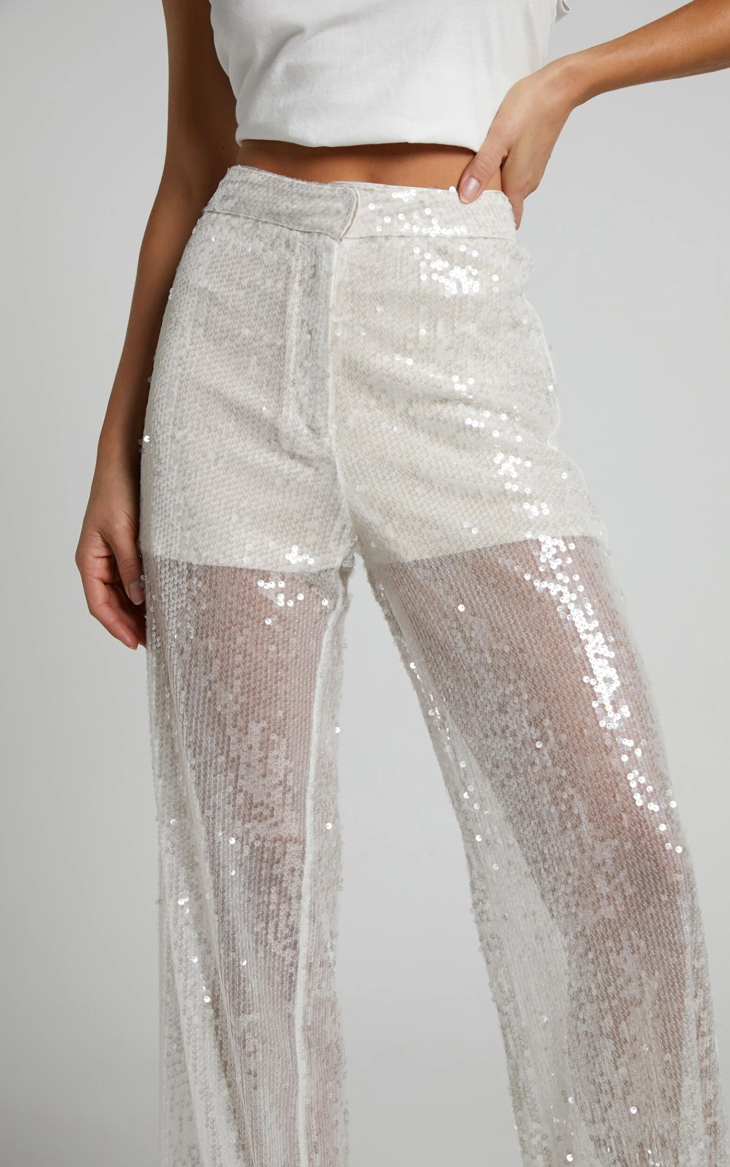 Showpo Gween - High Waisted Sheer Sequin Pant In White 6 Showpo Gween - High Waisted Sheer Sequin Pant In White - Image 6