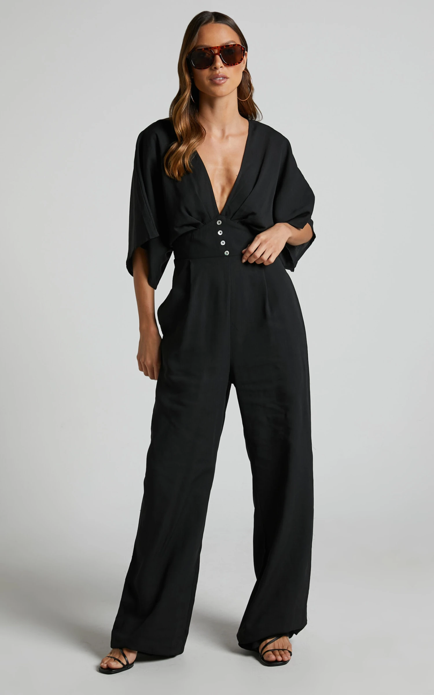 Showpo Hanlou Flutter Sleeve V-neck Button Front Wide Leg Jumpsuit In Black 4 Showpo Hanlou Flutter Sleeve V-neck Button Front Wide Leg Jumpsuit In Black - Image 4