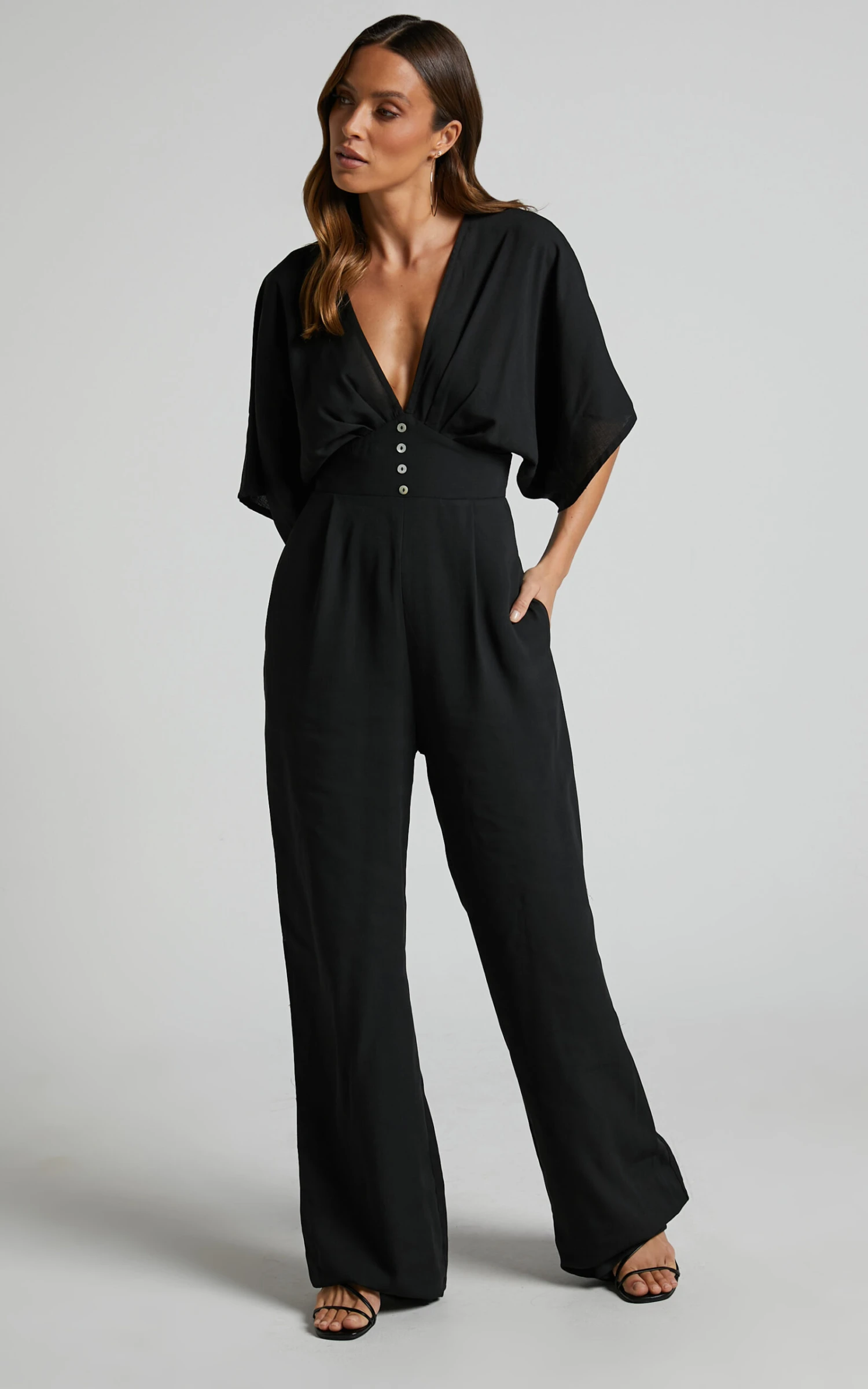 Showpo Hanlou Flutter Sleeve V-neck Button Front Wide Leg Jumpsuit In Black 2 Showpo Hanlou Flutter Sleeve V-neck Button Front Wide Leg Jumpsuit In Black - Image 2