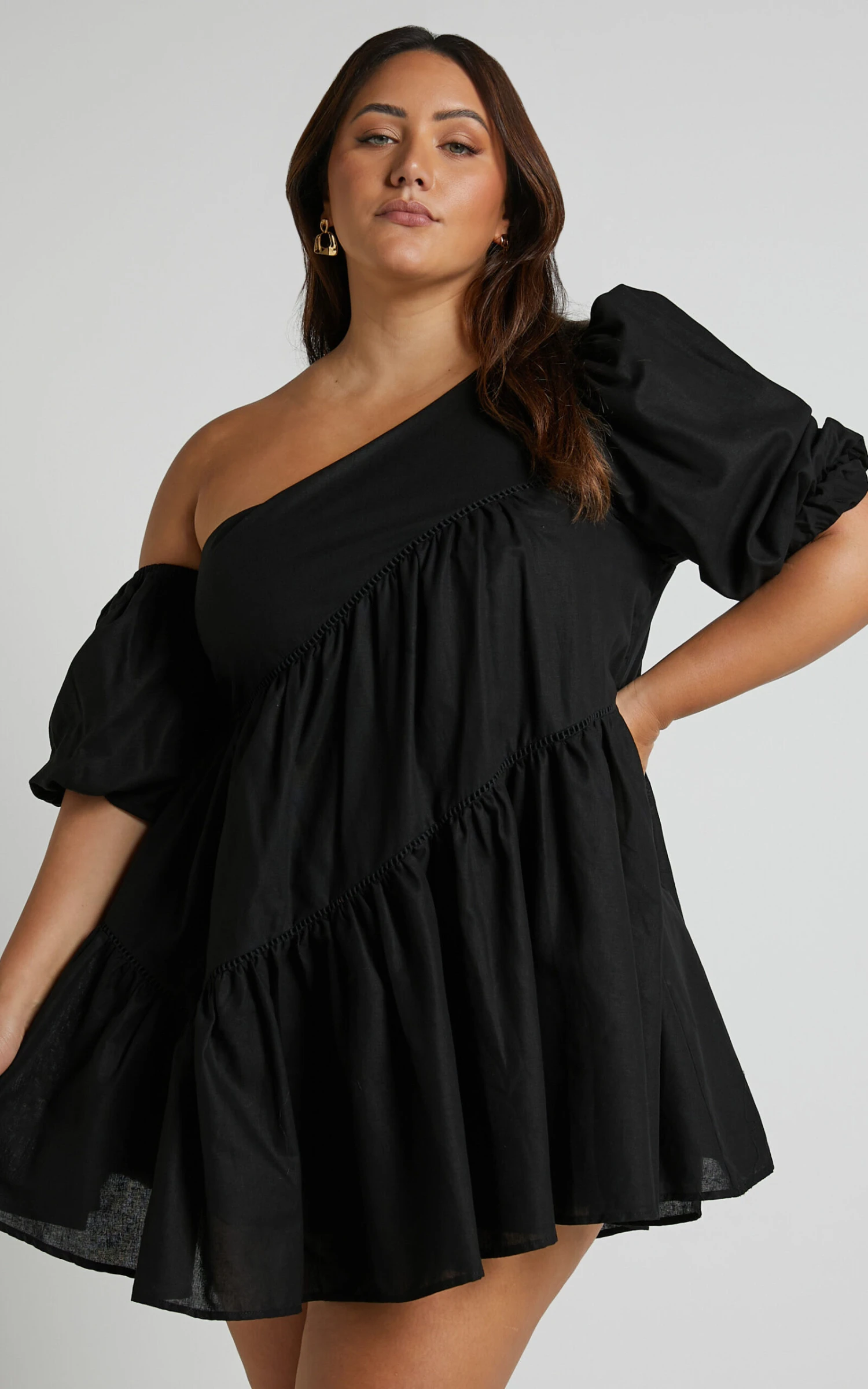 Showpo Harleen Mini Dress - Asymmetrical Trim Puff Sleeve Dress In Black 3 Showpo Harleen Mini Dress - Asymmetrical Trim Puff Sleeve Dress In Black - Image 3