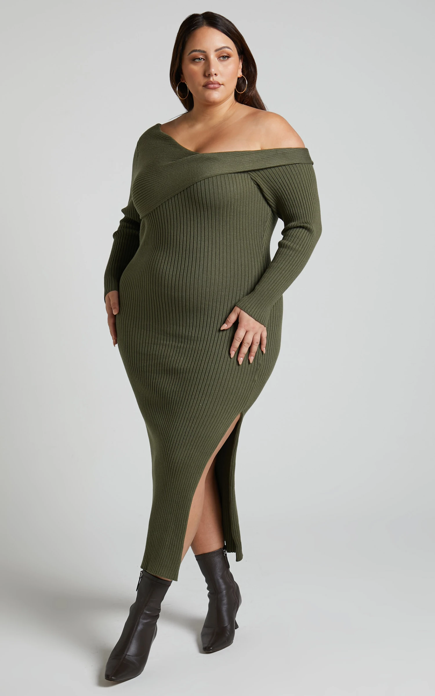 Showpo Hasanna Asymmetrical One Shoulder Long Sleeve Knit Midi Dress In Khaki - Image 6