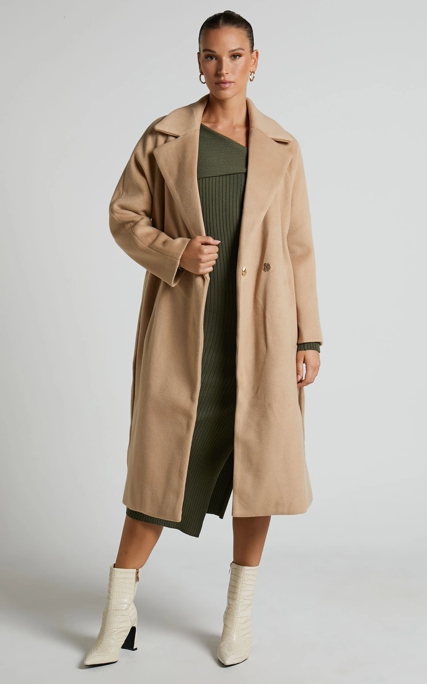 Showpo Hasanna Asymmetrical One Shoulder Long Sleeve Knit Midi Dress In Khaki - Image 5