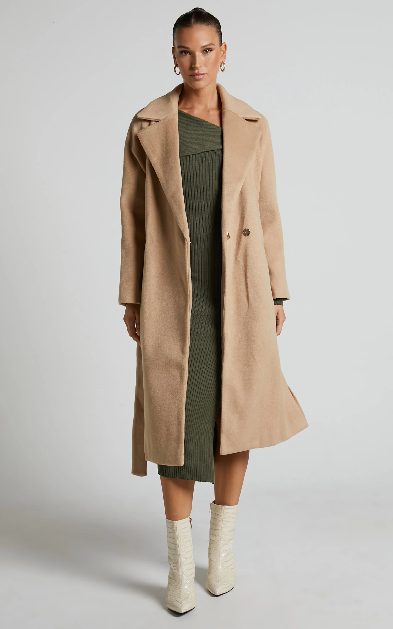 Showpo Hasanna Asymmetrical One Shoulder Long Sleeve Knit Midi Dress In Khaki - Image 3