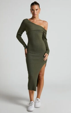 Showpo Hasanna Asymmetrical One Shoulder Long Sleeve Knit Midi Dress In Khaki