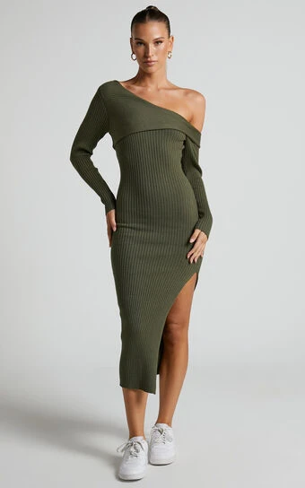 Showpo Hasanna Asymmetrical One Shoulder Long Sleeve Knit Midi Dress In Khaki