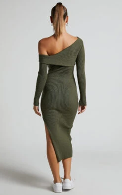 Showpo Hasanna Asymmetrical One Shoulder Long Sleeve Knit Midi Dress In Khaki -Showpo Women's Clothing Store Hasanna Asymmetrical One Shoulder Long Sleeve Knit Midi Dress in Khaki 6