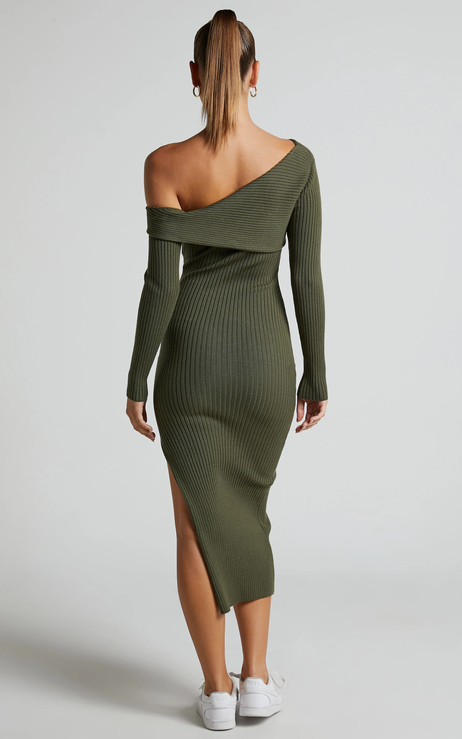 Showpo Hasanna Asymmetrical One Shoulder Long Sleeve Knit Midi Dress In Khaki - Image 8