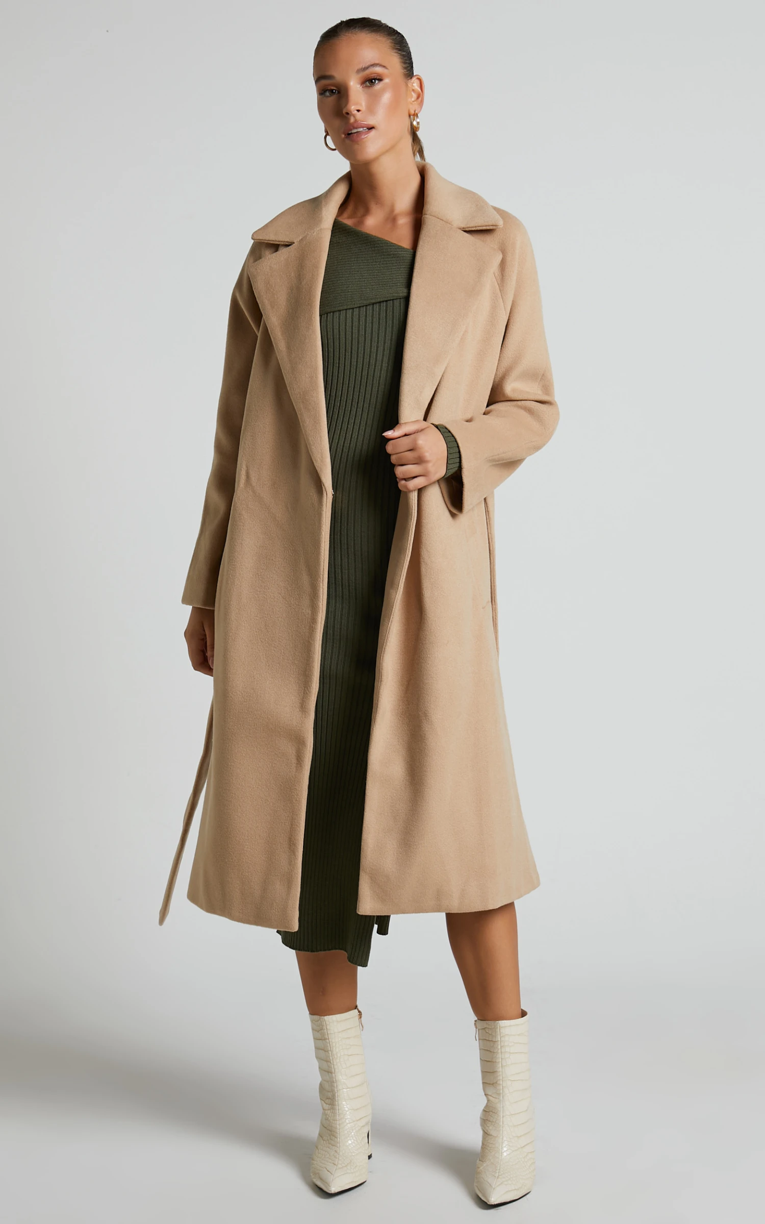 Showpo Hasanna Asymmetrical One Shoulder Long Sleeve Knit Midi Dress In Khaki - Image 4
