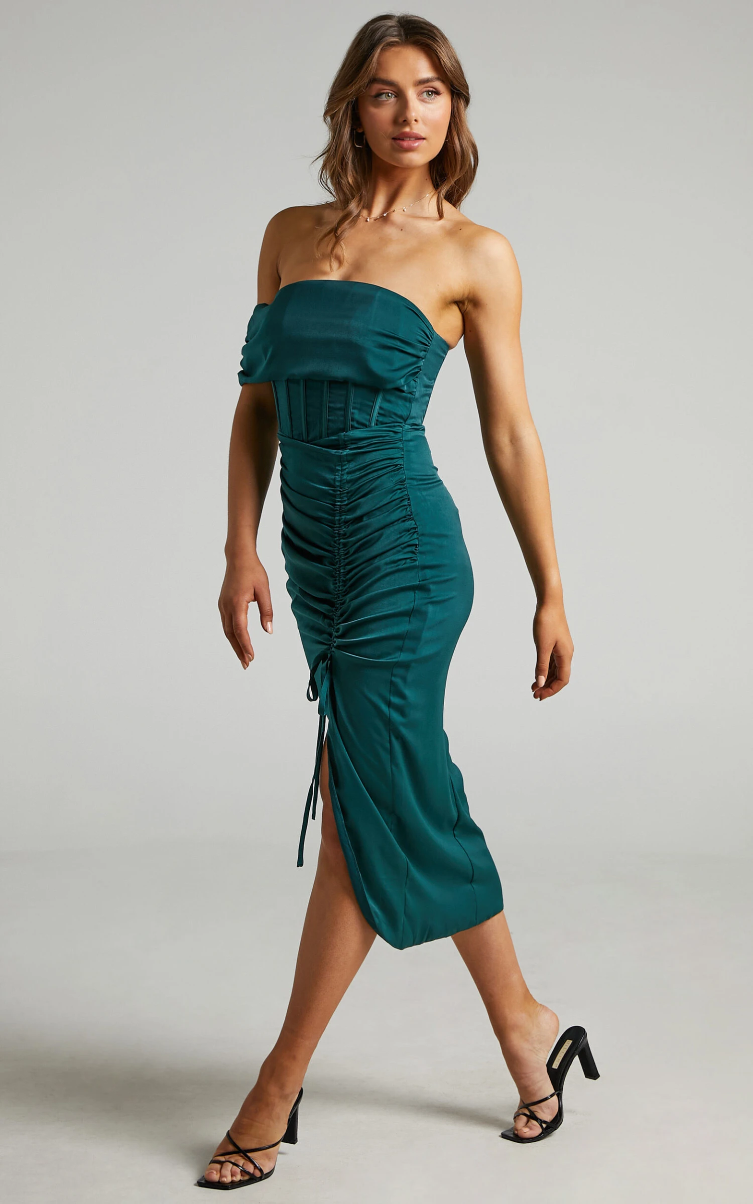 Showpo Hawk Off Shoulder Corset Drawstring Detail Midi Dress In Emerald 4 Showpo Hawk Off Shoulder Corset Drawstring Detail Midi Dress In Emerald - Image 4