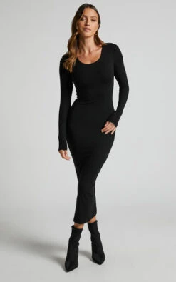 Showpo Hawkins Long Sleeve Bodycon Midi Dress In Black
