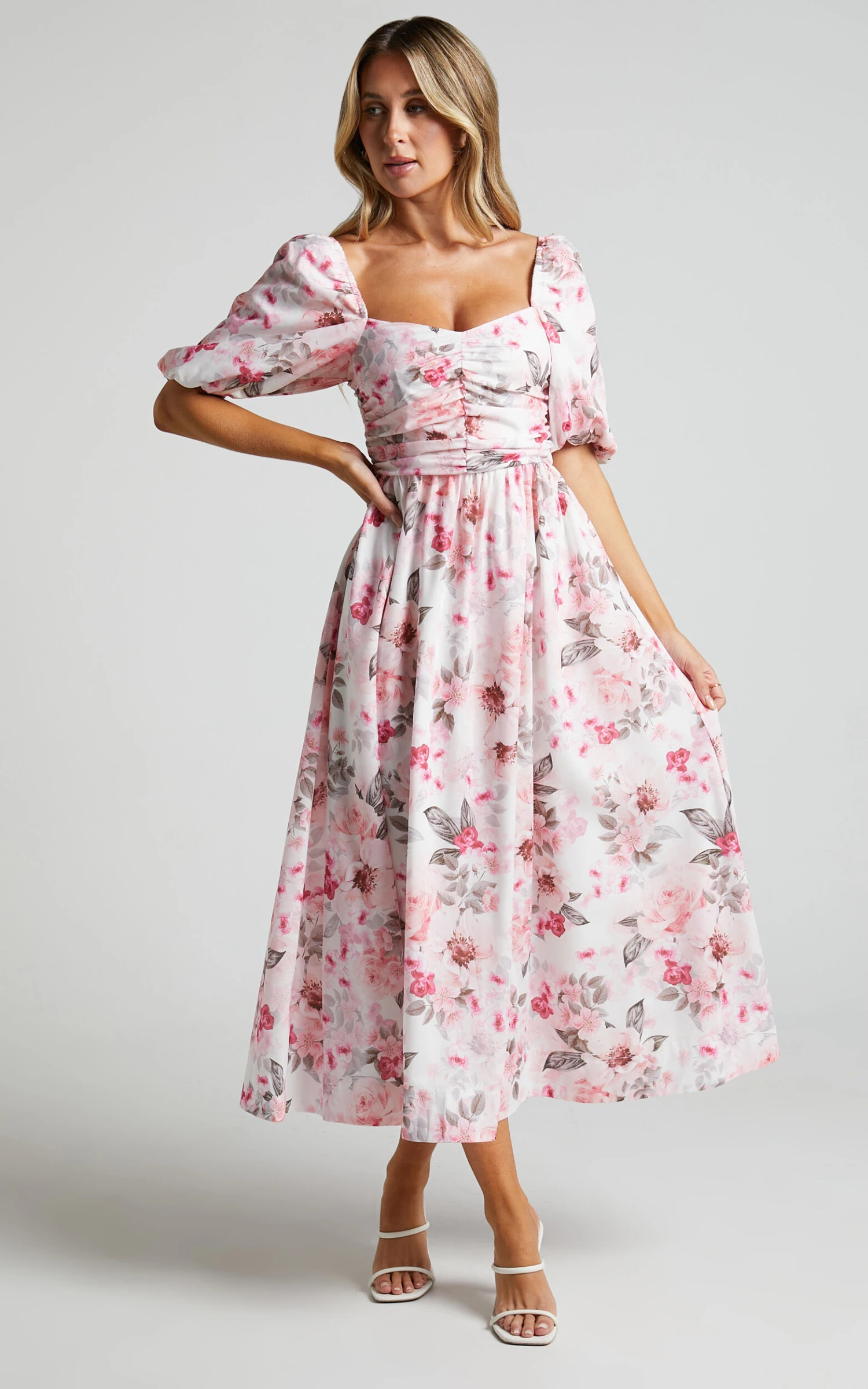 Showpo Haxzel Ruched Bust Puff Sleeve Midi Dress In Bouquet Floral 7 Showpo Haxzel Ruched Bust Puff Sleeve Midi Dress In Bouquet Floral - Image 7