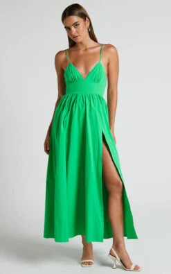 Showpo Haydie Maxi Dress - V Neck Thigh Split Dress In Green