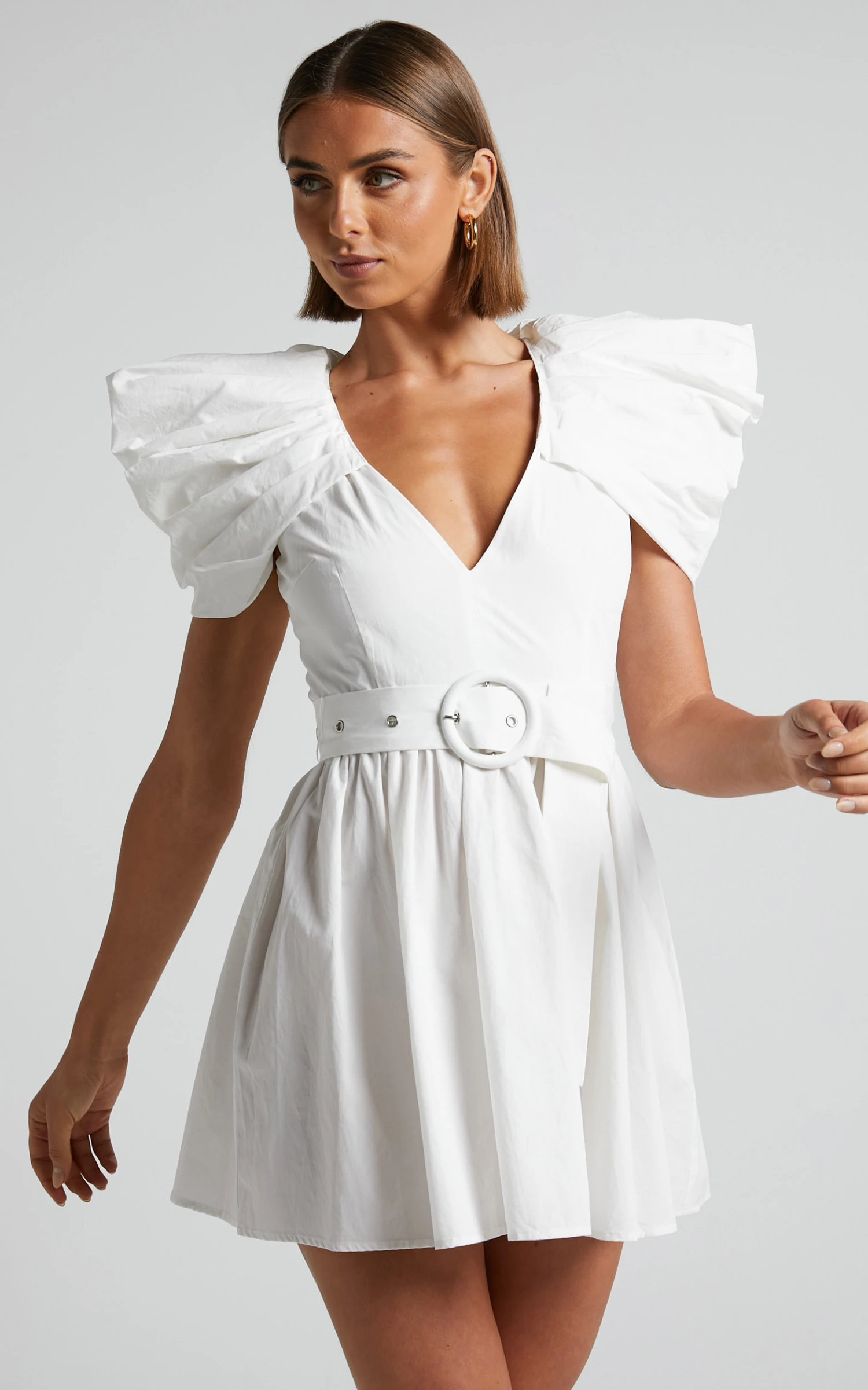 Showpo Haydie Mini Dress - Exaggerated Shoulder Belted Dress In White 3 Showpo Haydie Mini Dress - Exaggerated Shoulder Belted Dress In White - Image 3