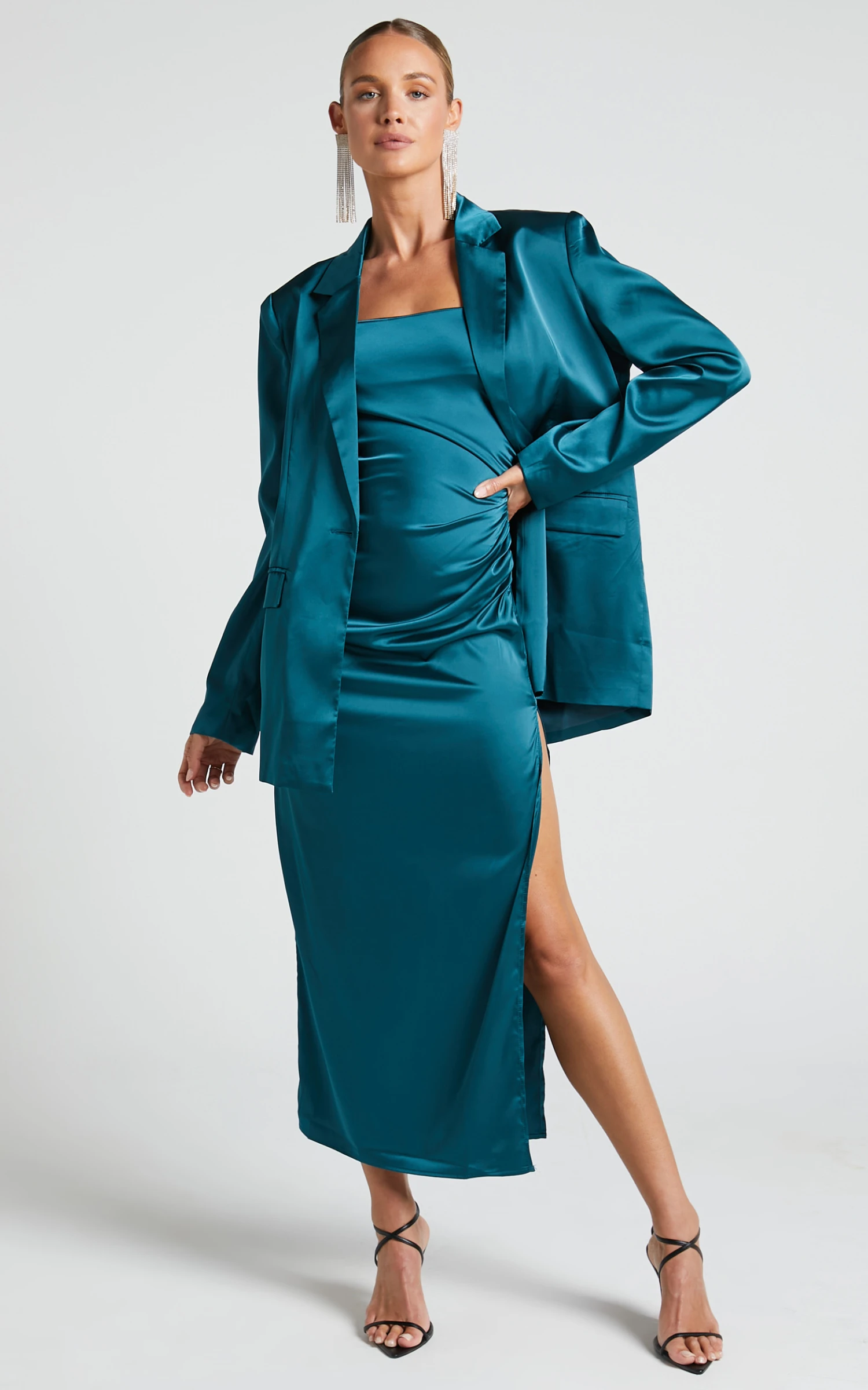 Showpo Hayien Blazer - Single Breasted Longline Satin Blazer In Teal - Image 3