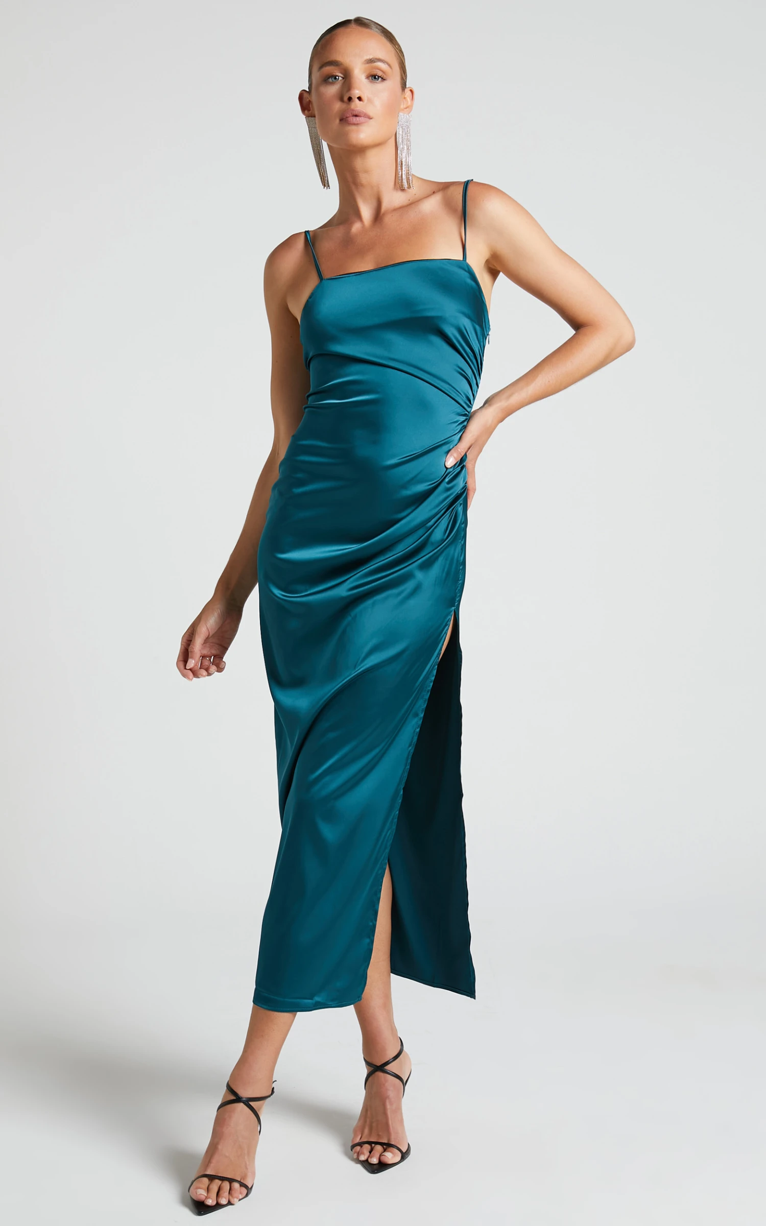 Showpo Hayien Midi Dress - Gathered Side Split Slip Dress In Teal 6 Showpo Hayien Midi Dress - Gathered Side Split Slip Dress In Teal - Image 6