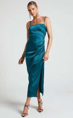 Showpo Hayien Midi Dress - Gathered Side Split Slip Dress In Teal 10 Showpo Hayien Midi Dress - Gathered Side Split Slip Dress In Teal -Showpo Women's Clothing Store Hayien Maxi Dress Gathered Side Split Slip Dress in Teal 1675901370282