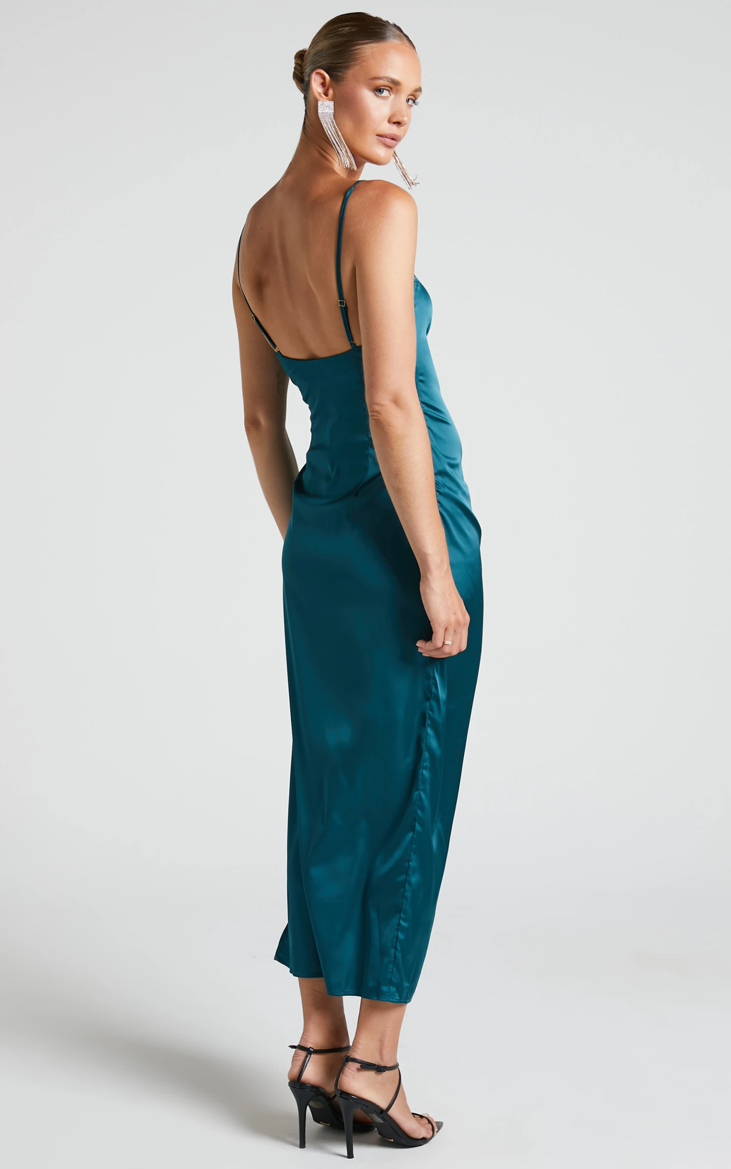Showpo Hayien Midi Dress - Gathered Side Split Slip Dress In Teal 7 Showpo Hayien Midi Dress - Gathered Side Split Slip Dress In Teal - Image 7