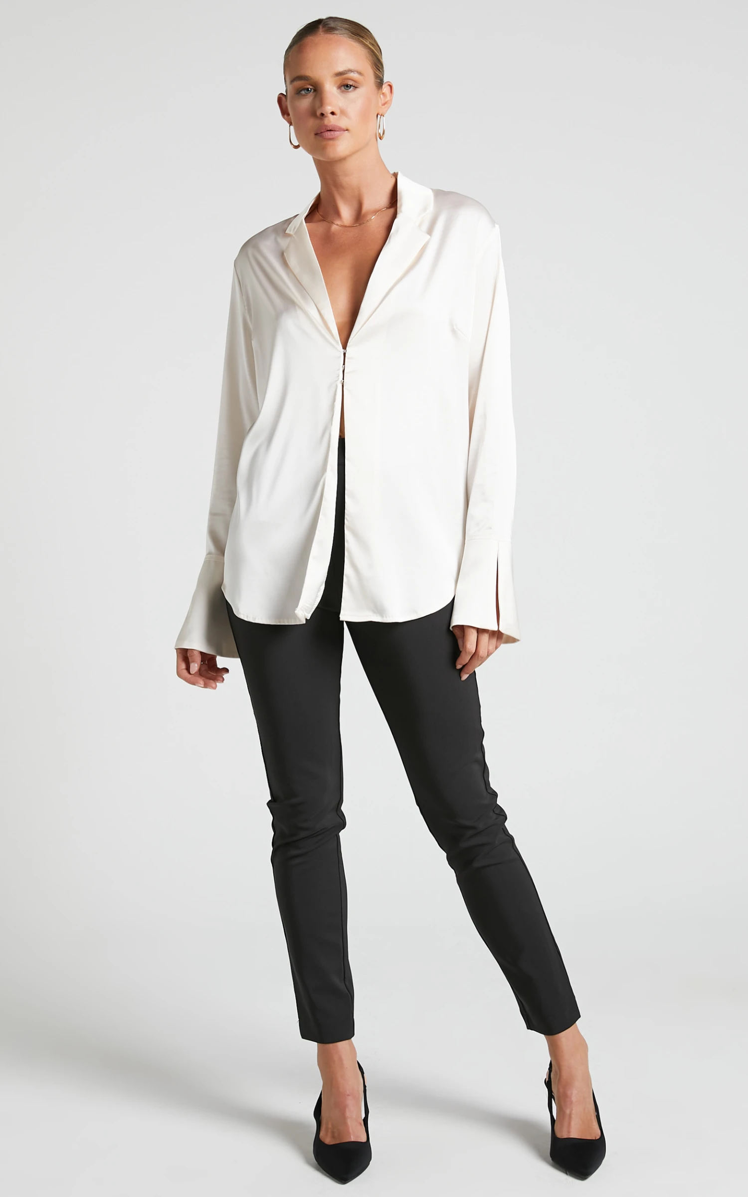 Showpo Hayien Shirt - Long Sleeve Plunge Shirt In Champagne 3 Showpo Hayien Shirt - Long Sleeve Plunge Shirt In Champagne - Image 3