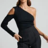 Showpo Henley Top - One Shoulder Cut Out Long Sleeve Top In Black